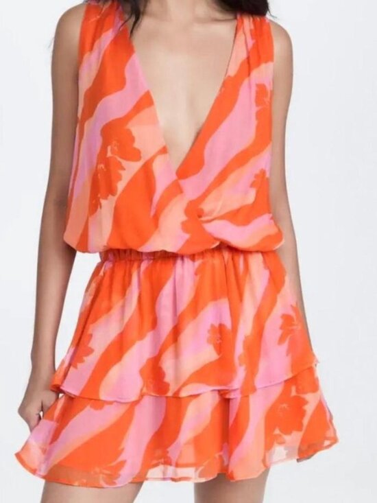 Ramy Brook Dresses & Skirts - Ramy Brook Baldwin Mini Dress XS Orange Pink Floral‎ Ruffle Wrap Resort